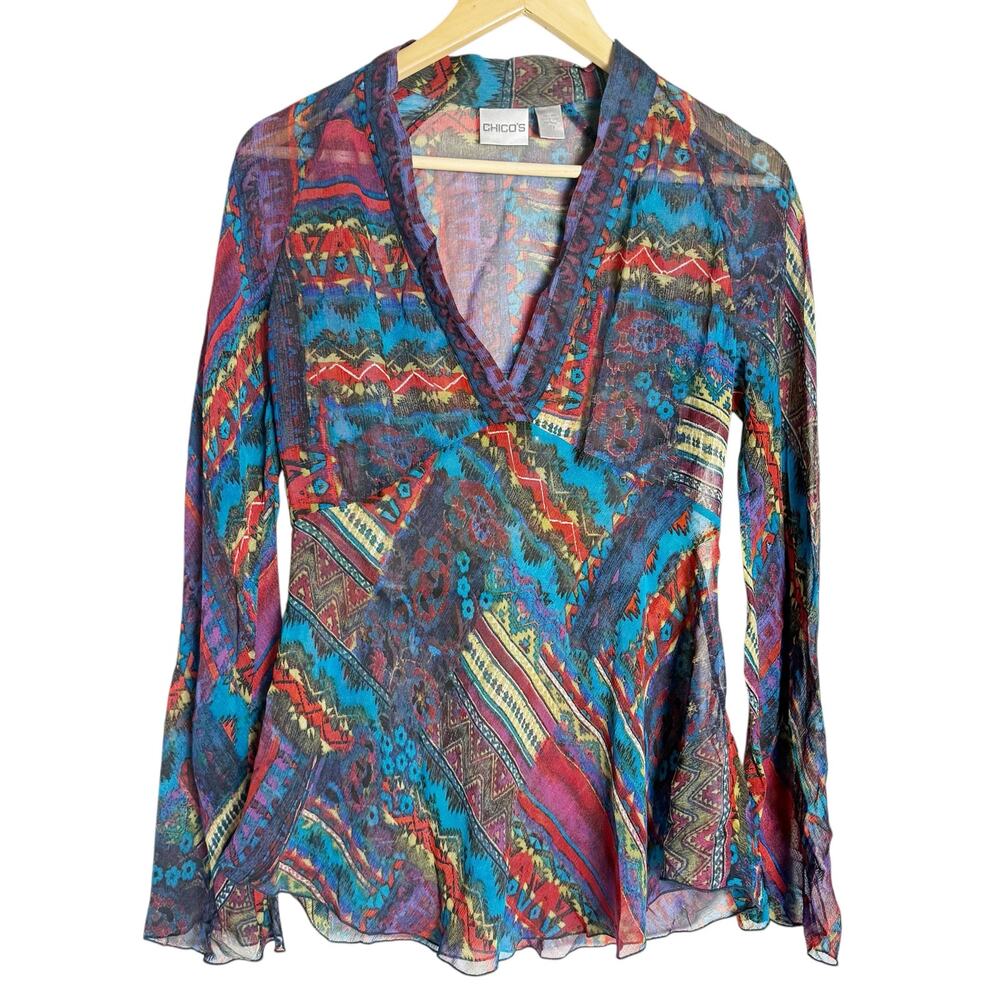 Chico’s Multicolor Silk Southwestern Print Long Sleeve V-Neck Boho Blouse Size 4